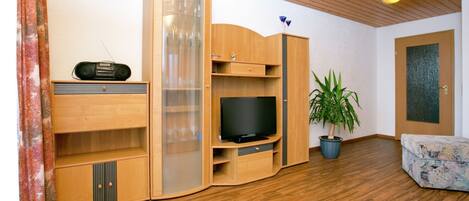 Een kamer met houten lambrisering, een televisie, een potplant en een bank.