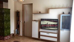 Una sala de estar con televisor mostrando un desfile, un mueble verde, una estantería y una alfombra estampada.