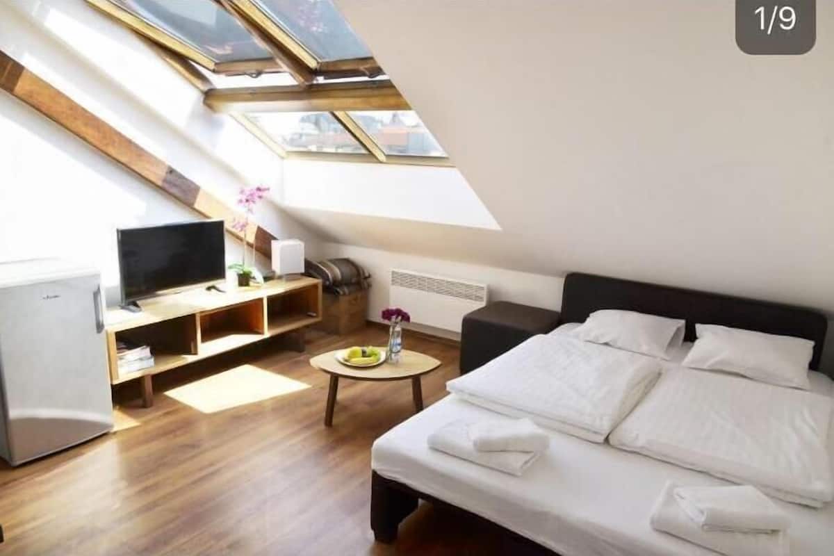 A compact room with a bed, a TV, a small table with a vase, and a heater.