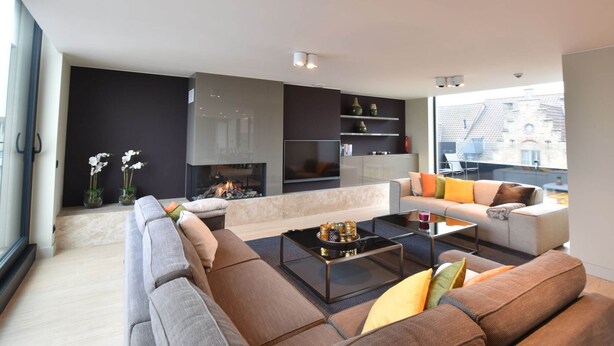 A modern living room with a fireplace, sofas, and a TV. - Luxurious Apartment in Nieuwpoort with Hot Tub (Nieuwpoort)