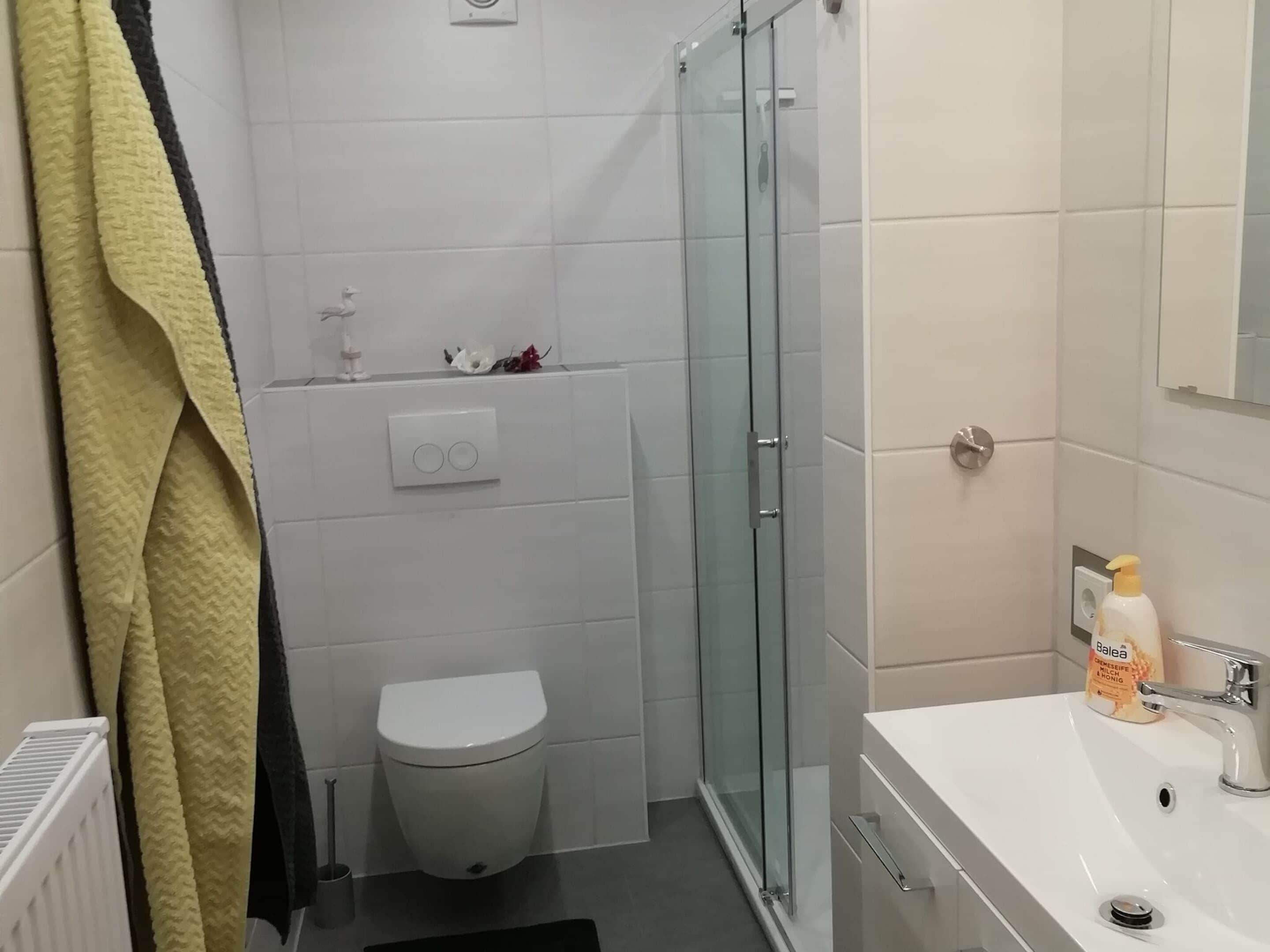 A modern bathroom with a toilet, a glass shower enclosure, and a sink with toiletries.