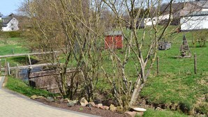 A paved pathway leading through a landscaped area with a small pond, surrounded by trees and a red shed.