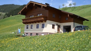 Ein zweistöckiges Holzhaus mit Balkon, eingebettet in eine üppige grüne Landschaft unter blauem Himmel.