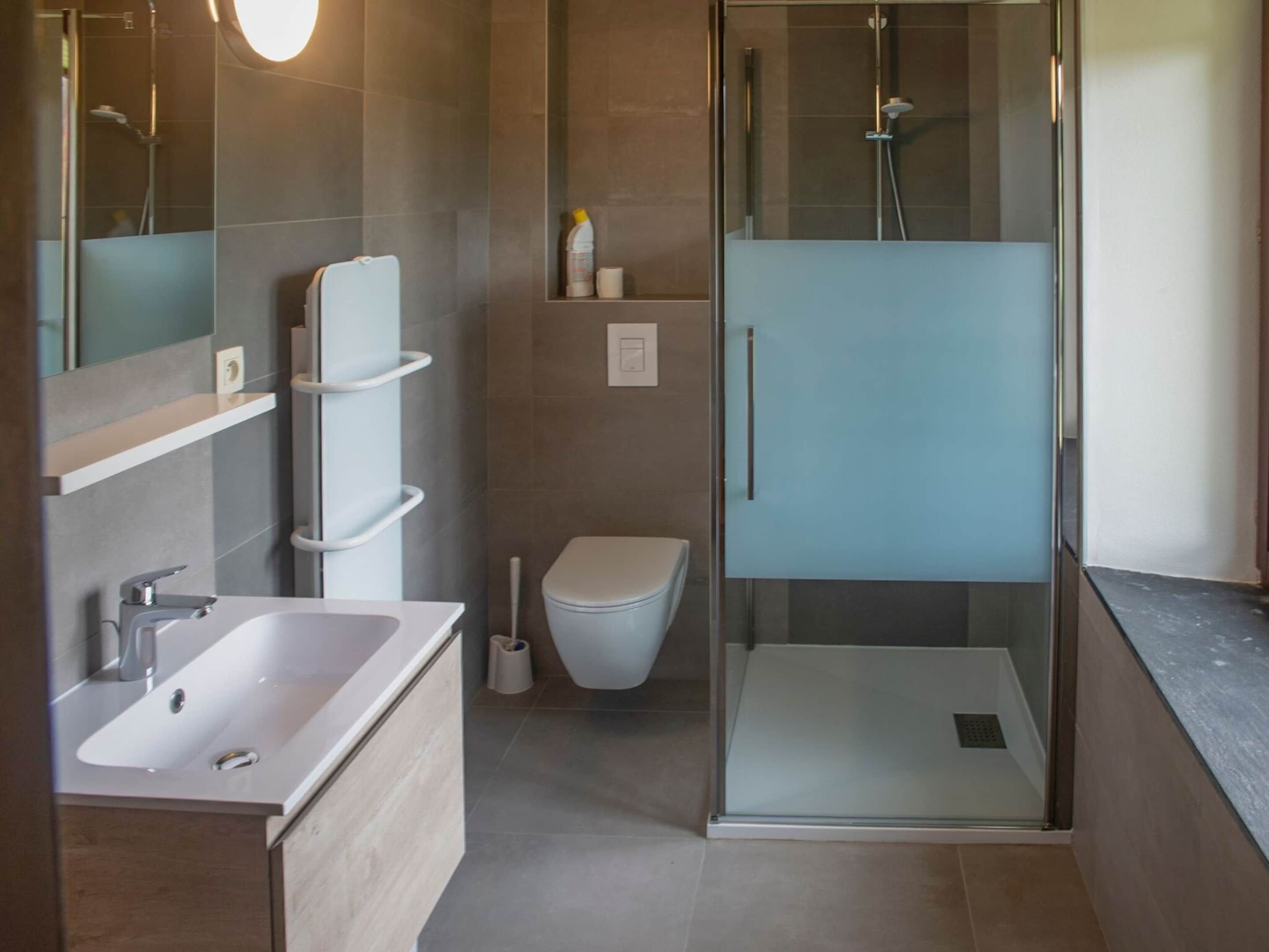 A modern bathroom with a glass-enclosed shower, a white sink, and a toilet.