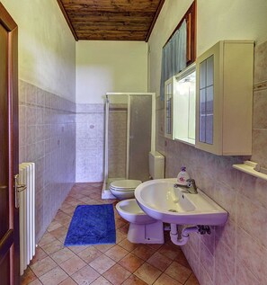 Ein schmales Badezimmer mit Dusche, Toilette und Waschbecken.