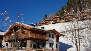 A chalet-style building with a wooden balcony, surrounded by snow-covered trees and a clear blue sky. - Chalet in Muhlbach Near Ski Amade (Muehlbach Am Hochkoenig)