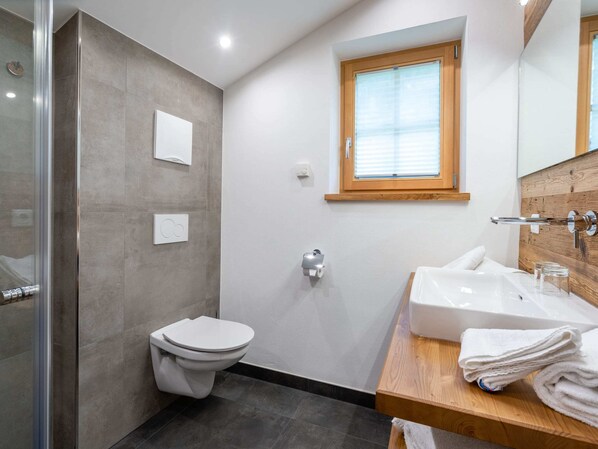 A modern bathroom with a shower, toilet, and sink. - Chalet in Bad Hofgastein Near Ski Slopes (Bad Hofgastein)