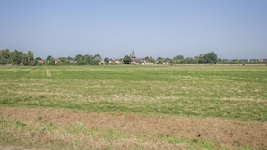 Een landelijk landschap met een kerk en huizen in de verte.