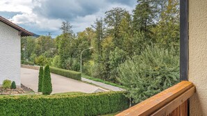 A residential area with a paved driveway, neatly trimmed hedges, and a variety of trees. - Apartment in Marktrodach With Sauna & Garden (Marktrodach)