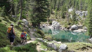 A hiking trail with hikers and a clear lake surrounded by trees.