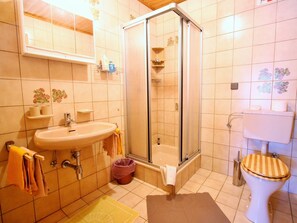 A bathroom with a sink, toilet, shower, and a mirror.