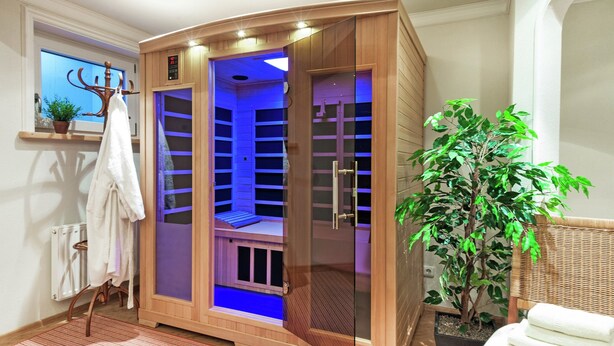 A sauna room with a wooden door, a bench, and a potted plant. - Holiday Flat Gastein Near Ski Slopes (Bad Hofgastein)