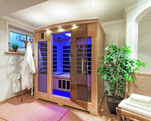 A sauna room with a wooden door, a bench, and a potted plant.
