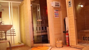 Una sala de sauna con puerta de cristal, un banco de madera, un extintor y un panel de control en la pared.