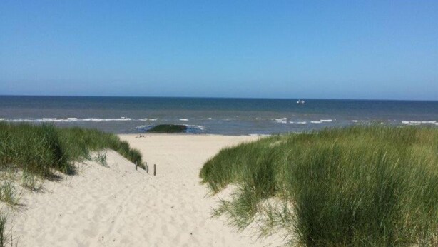 En sandstrand med klar himmel och hav.
