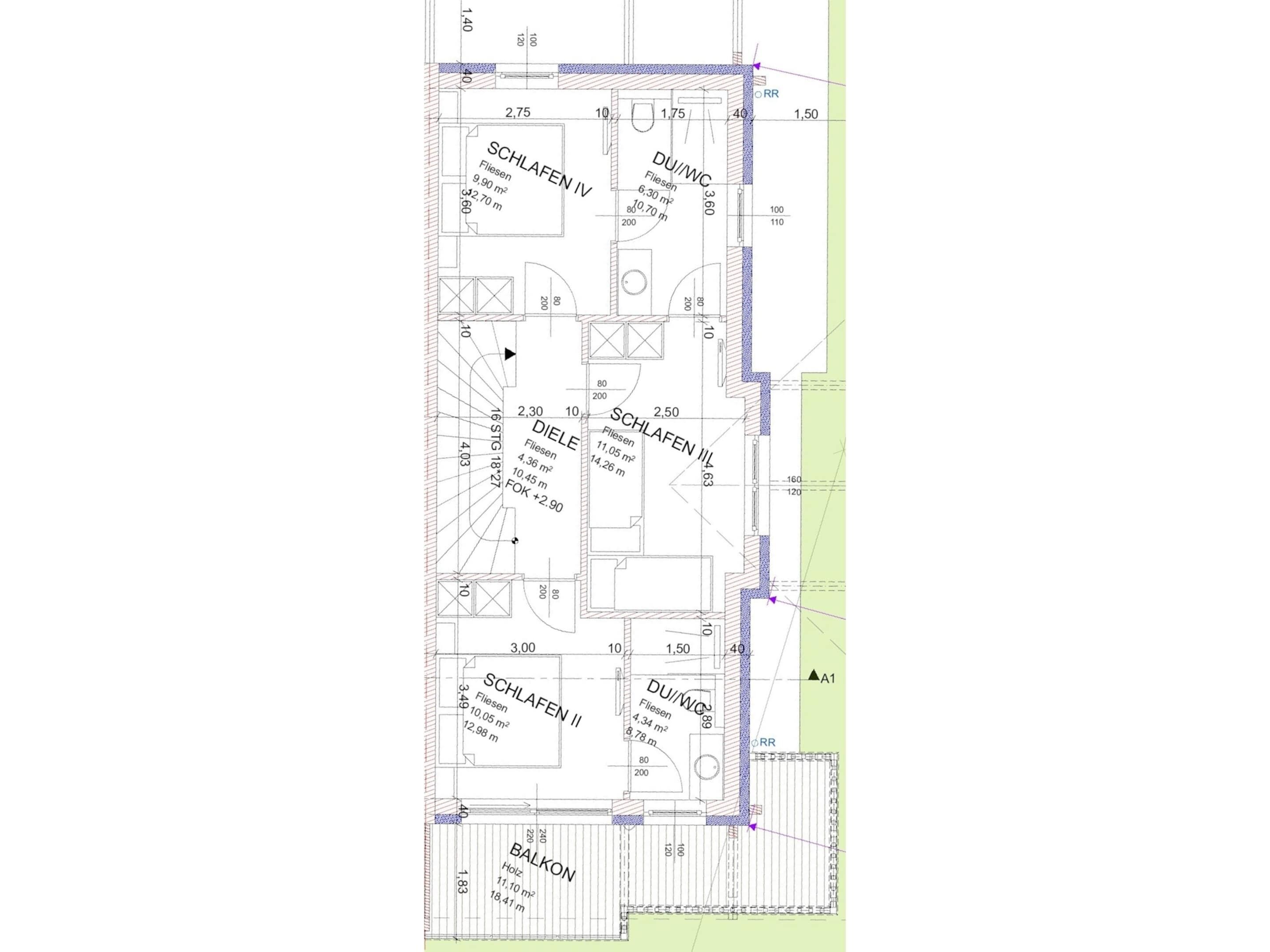A floor plan of a building with multiple rooms labeled SCHLAFEN I, SCHLAFEN II, SCHLAFEN III, DU/WC, and a BALKON.