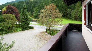 A balcony with a view of a forested mountain and a road. - Luxury Chalet with Sauna near Ski Area in Salzburg (Saalbach-Hinterglemm)