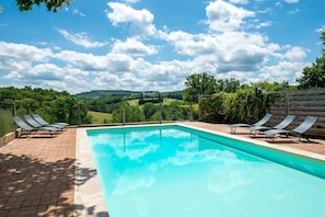 Ein rechteckiger Pool mit klarem, blauem Wasser, umgeben von einer Pflasterterrasse. Auf der Terrasse stehen vier Liegestühle, im Hintergrund ein Holzzaun mit Kletterpflanzen.