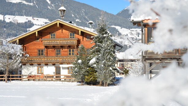 Un chalet en bois doté d’un balcon, entouré d’arbres couverts de neige et avec des montagnes en arrière-plan.