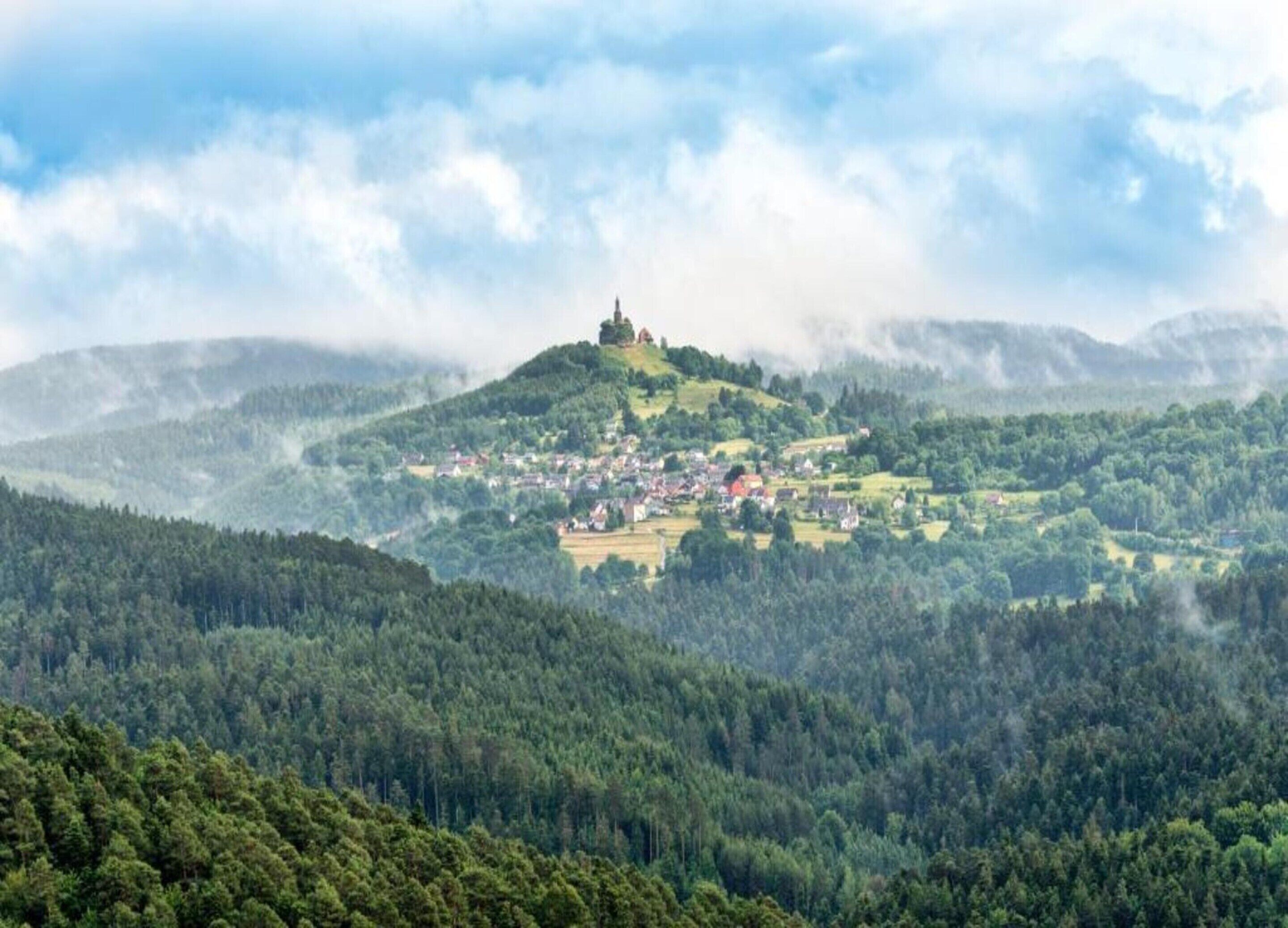 A town on a hill with a prominent building on top, surrounded by dense forests.
