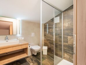A modern bathroom with a wooden vanity, a toilet, and a glass-enclosed shower area. - Apartment in Wald Near Zillertal Ski Area (Wald im Pinzgau)
