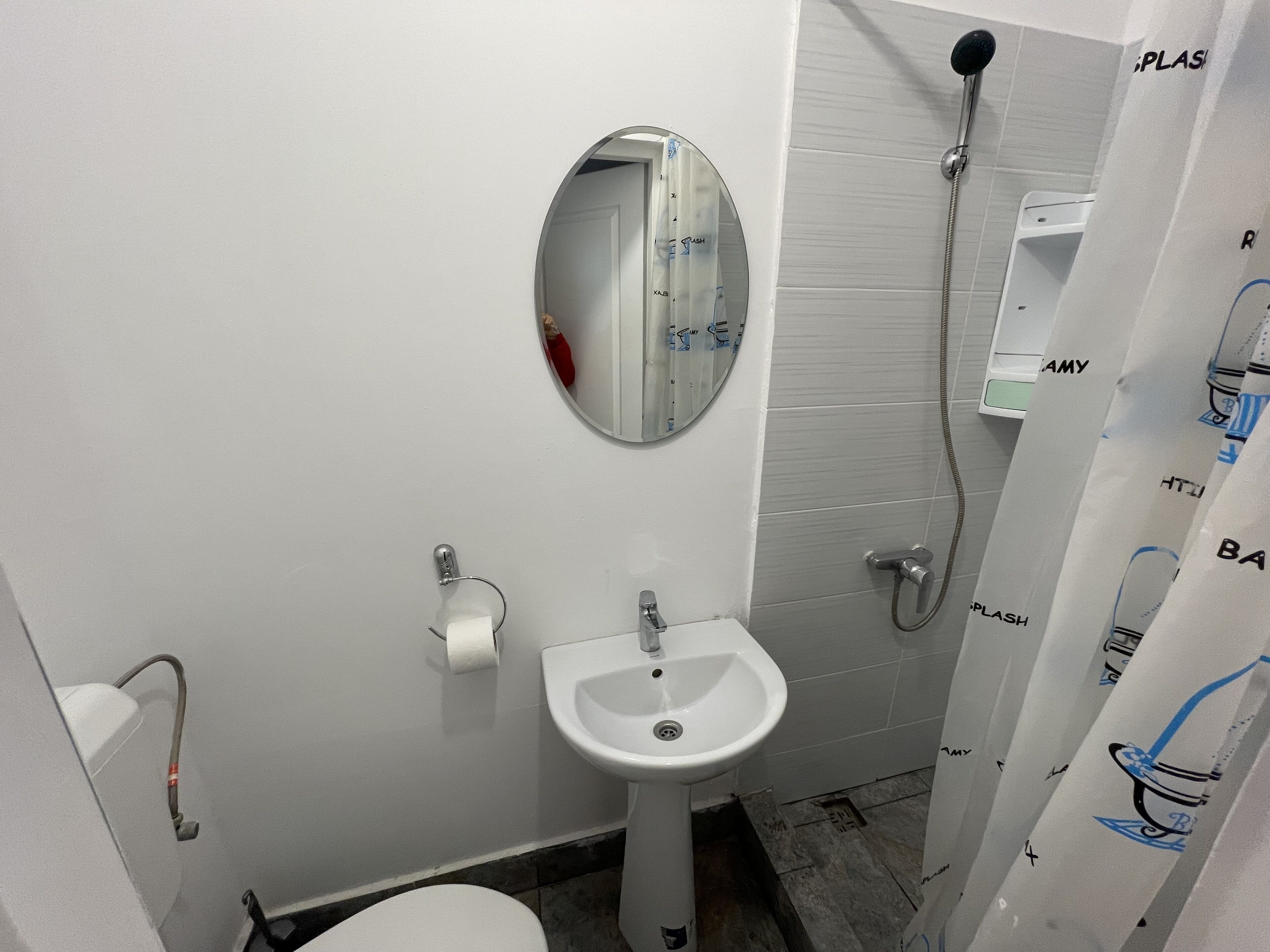 Un baño pequeño con un lavamanos blanco, un espejo, un inodoro y una ducha.