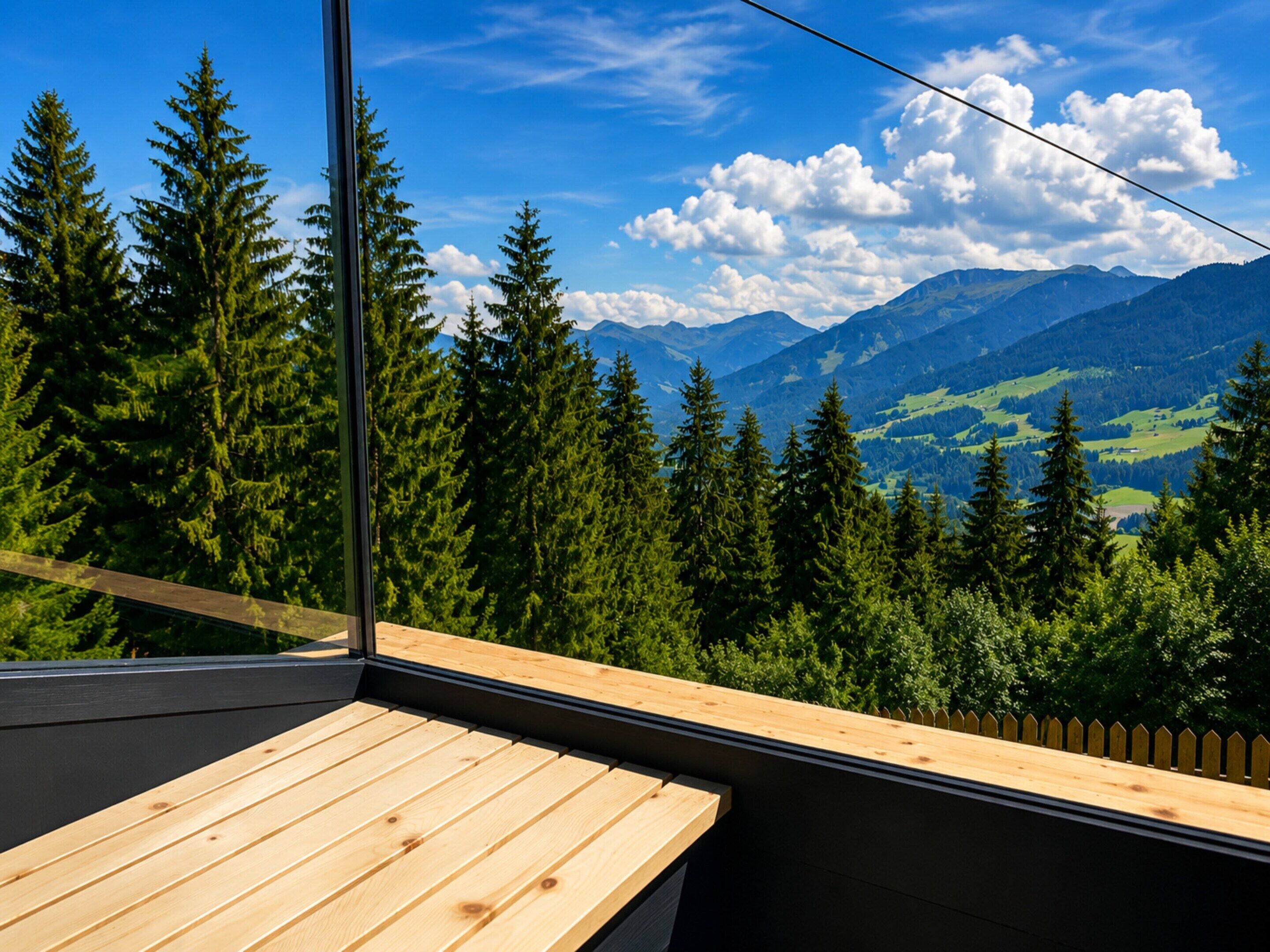 Ein Zimmer mit einer hölzernen Bank und Blick auf einen Wald und Berge.