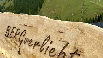 Une pancarte en bois portant l’inscription « BERGverliebt » sur fond d’une colline verdoyante, avec un ciel dégagé.