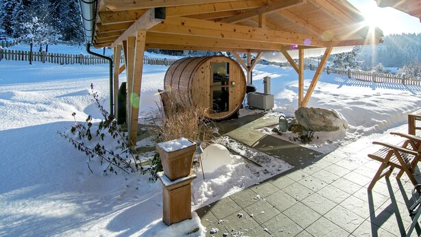 A wooden cabin with a snow-covered roof, a wooden barrel, and a satellite dish. - Spacious Chalet near Ski Area in Itter (Itter)