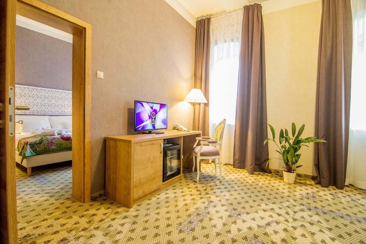 A hotel room with a bed, a desk with a television, a chair, a lamp, and a potted plant.