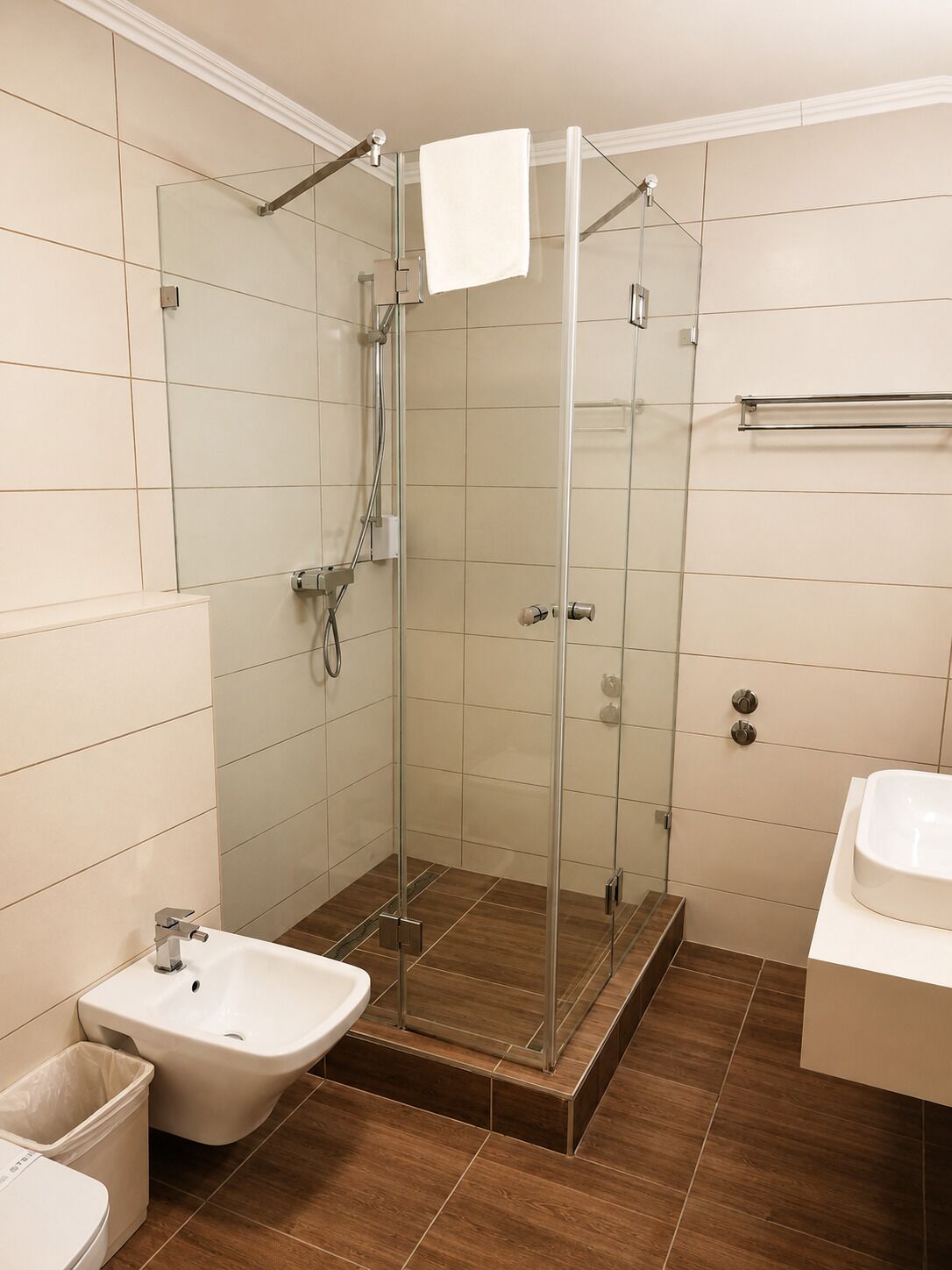 A modern bathroom with a glass-enclosed shower, a bidet, and a sink.
