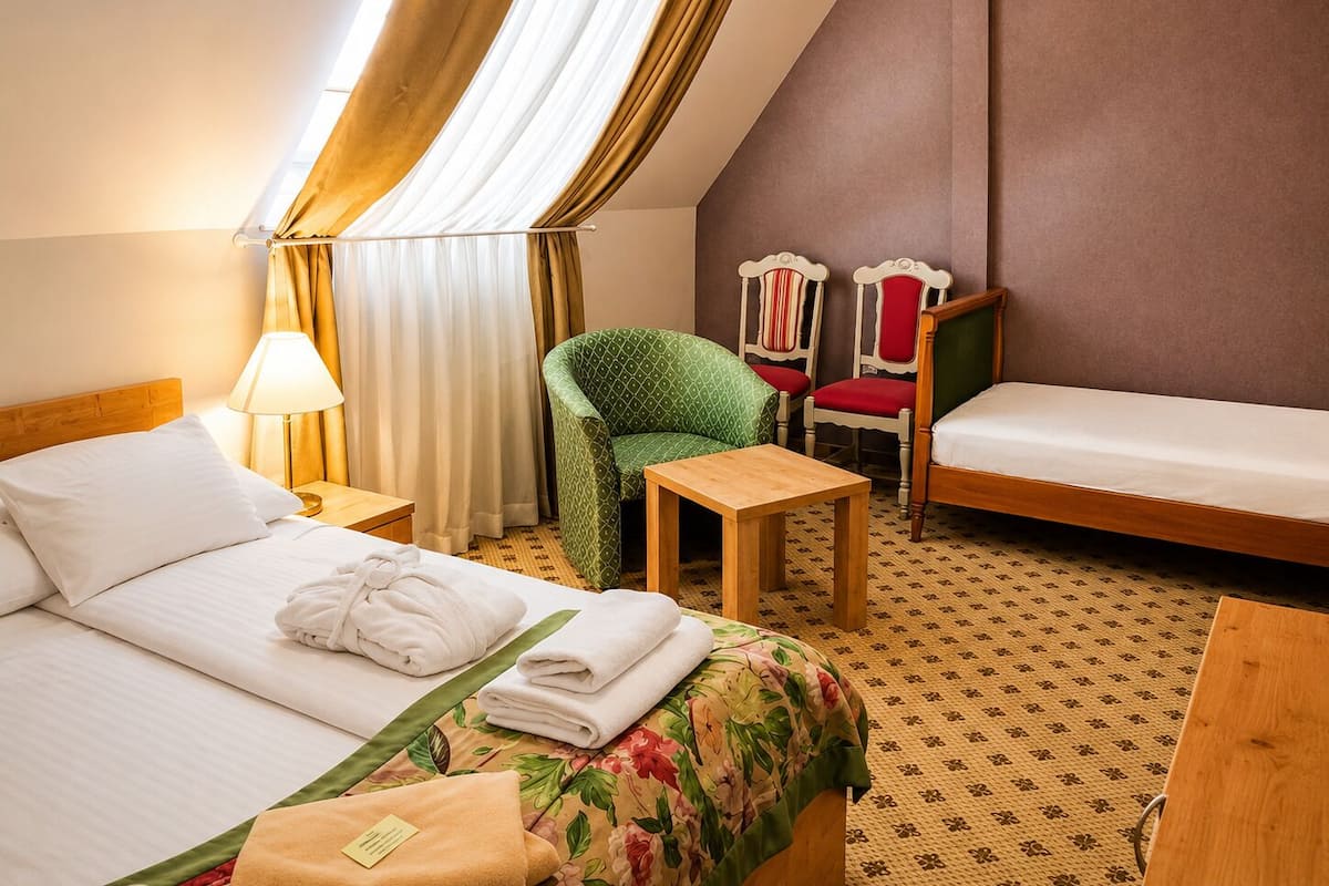 A hotel room with a bed, a small table, two chairs, and a window with curtains.