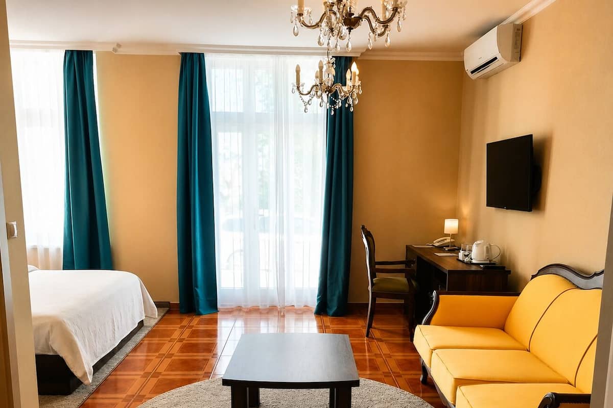 A hotel room with a bed, a sofa, a table, a chair, a desk, and a television.