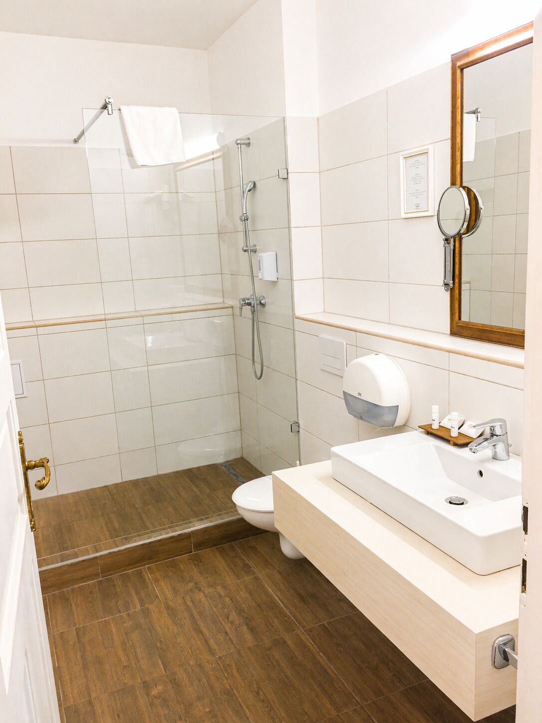 A modern bathroom with a shower, toilet, sink, and a mirror.