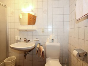A bathroom with a sink, mirror, toilet, and towel rack. - Quaint Apartment in Finkenberg near Ski Lift (Finkenberg)