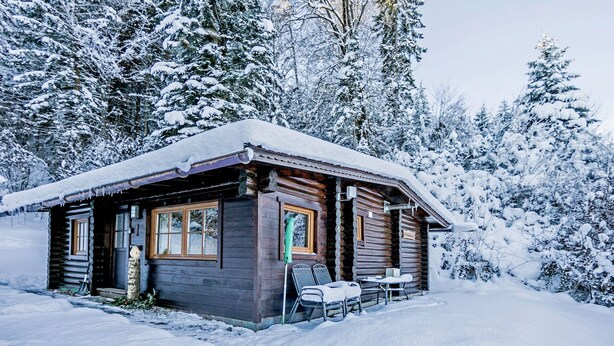 Une cabane en bois, dont le toit est recouvert de neige, entourée d’arbres chargés de neige.