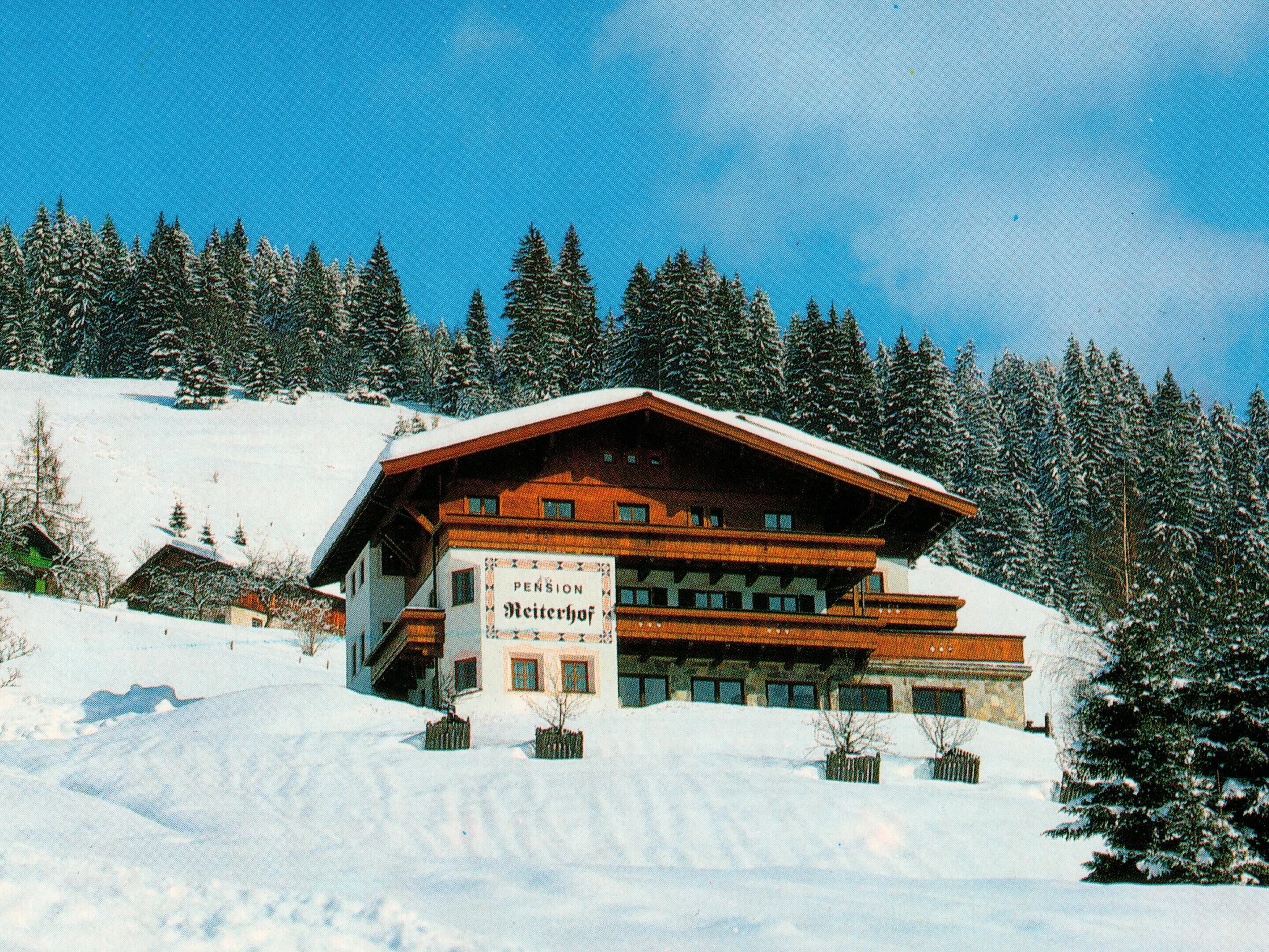 A snow-covered lodge with a sign reading 'Pension Meiterhof,' surrounded by trees and a clear sky.