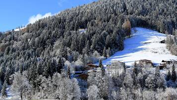 A snow-covered mountain with a ski resort, including buildings and trees.