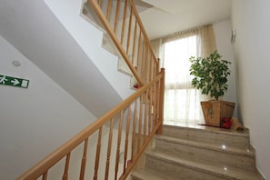 Stairs lead to an upper floor, flanked by windows and a potted plant.