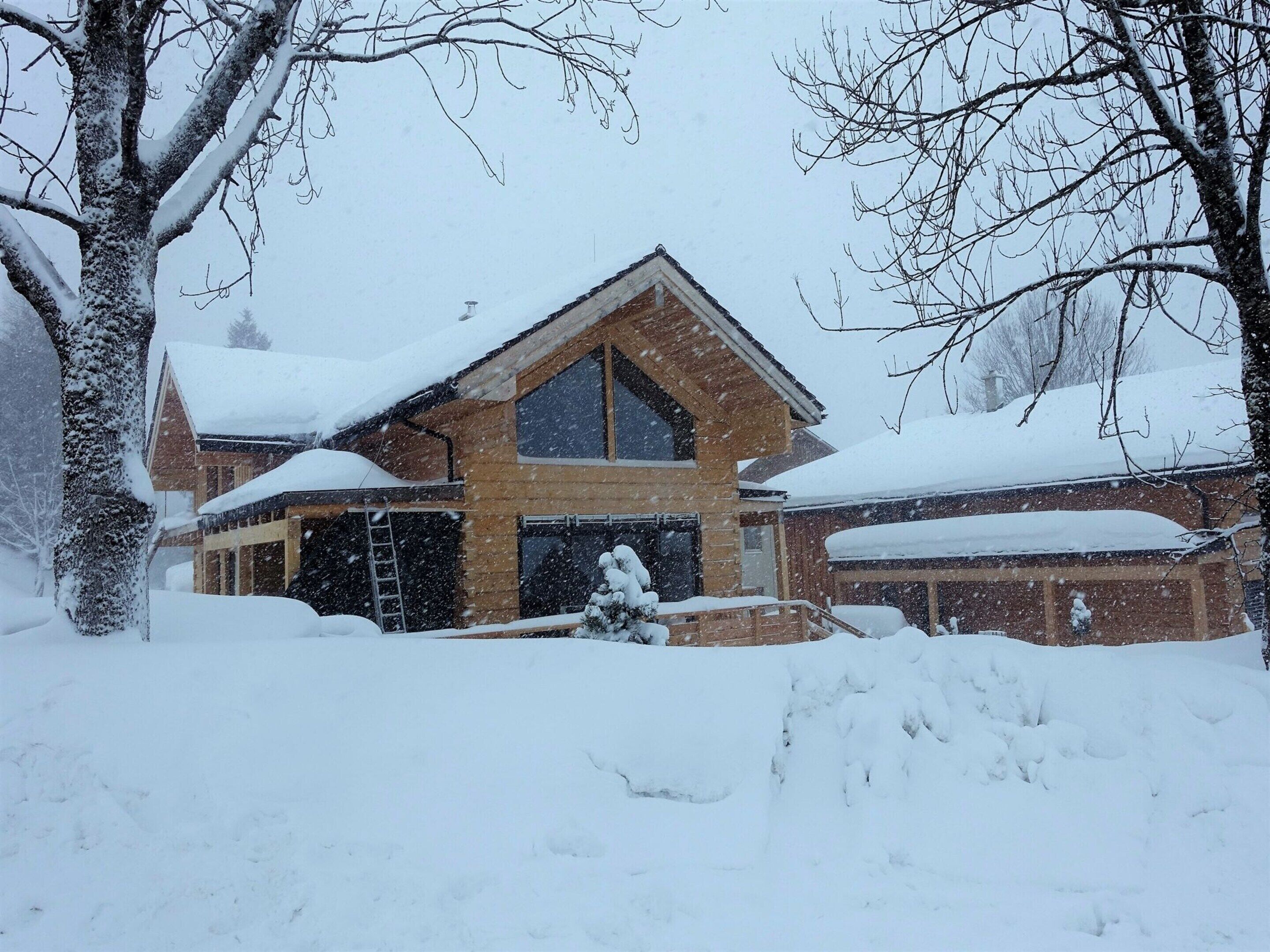 A two-story house with a large garage, surrounded by snow-covered trees.