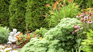 A garden with various plants and a white statue of children.