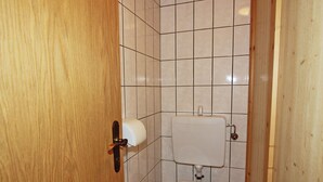 A small, tiled bathroom with a toilet, a roll of toilet paper on a holder, and a plunger on the floor. - Apartment in Kappl Near Ski Lift (Kappl)