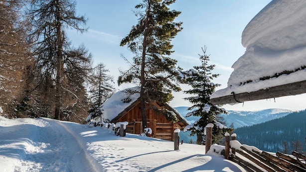 A wooden cabin with a snow-covered roof, surrounded by tall pine trees and a snow-covered path leading to it. - Apartment in Katschberg Near Ski Slopes (Rennweg am Katschberg)