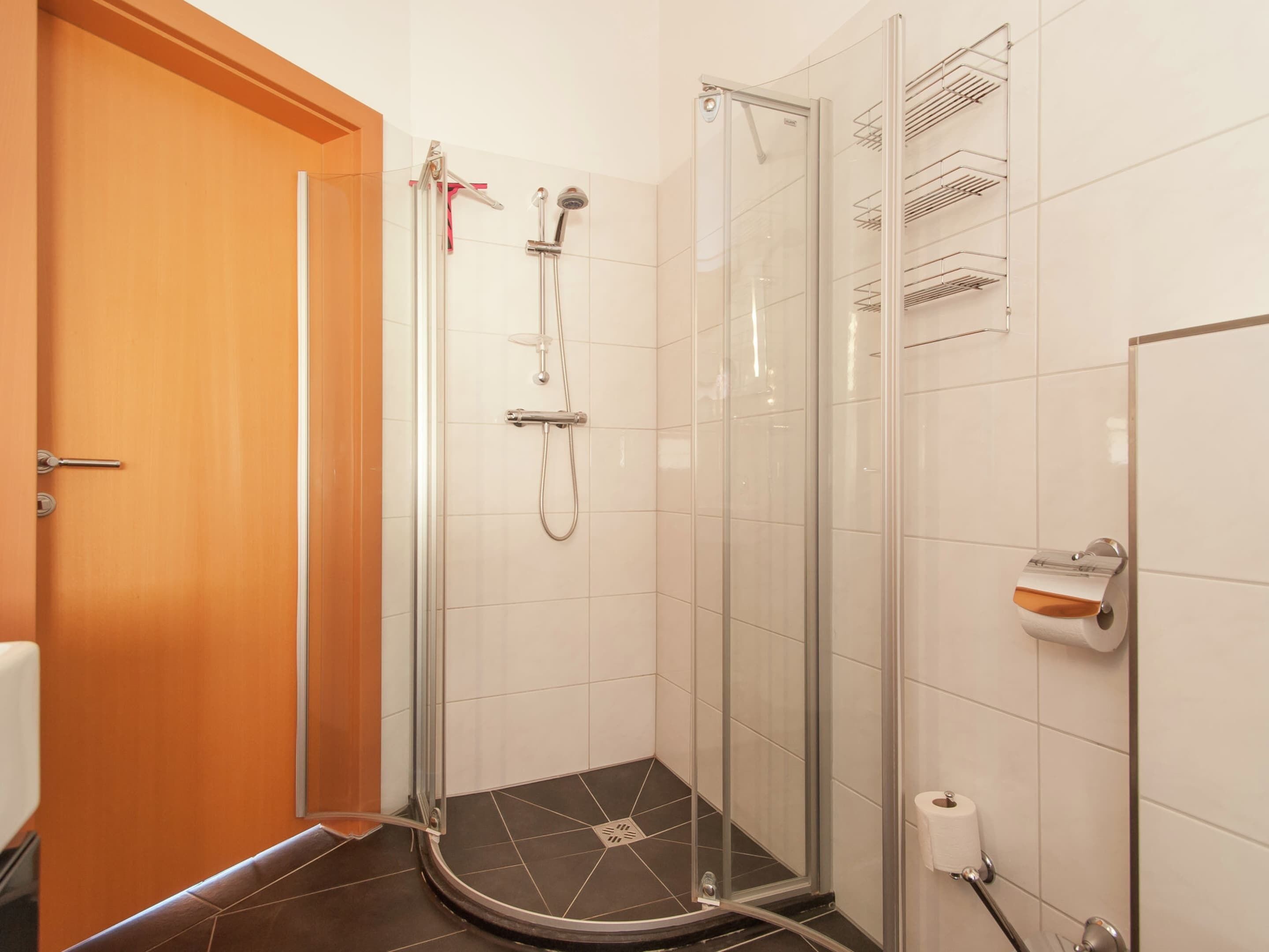 Une salle de bain moderne avec une douche à parois de verre, une porte en bois et un porte-rouleau de papier toilette.