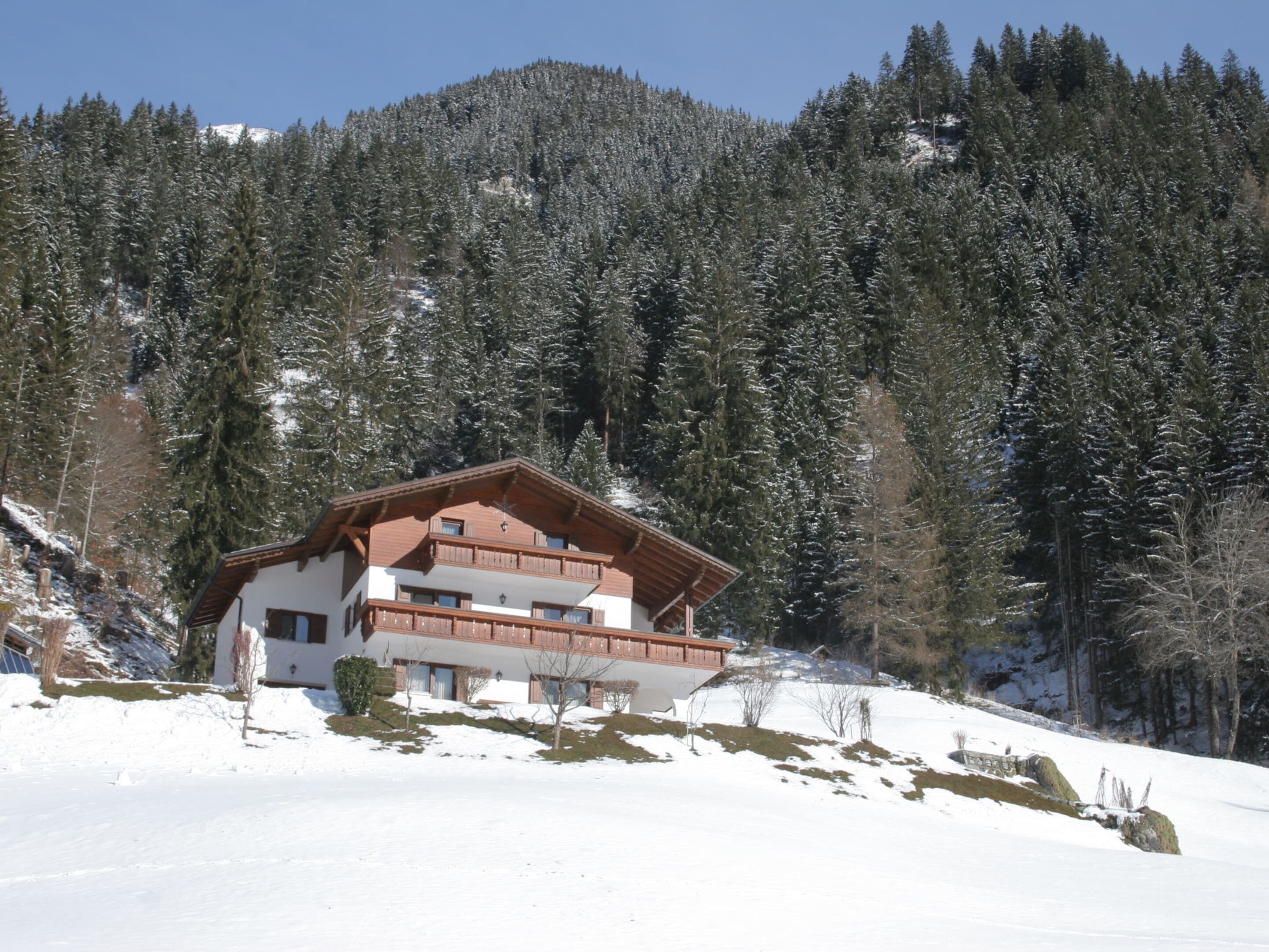 Un edificio de estilo chalé con fachada de madera y varios balcones, rodeado de árboles cubiertos de nieve y una montaña al fondo.