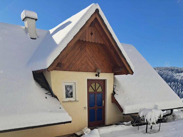 A snow-covered house with a wooden roof, a blue door, and a small picture frame on the wall.