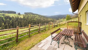 A wooden bench and table on a patio with a view of a forested valley. - Chalet in Sankt Andra Near Koralpe Ski Area (Sankt Andra)