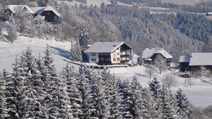 Un chalet enneigé composé de plusieurs bâtiments, entouré de forêts denses et d’arbres recouverts de neige.