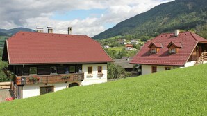 A rural setting with two houses on a hillside, featuring steep roofs and a lush green landscape in the background. - Peaceful Cottage near Ski Area in Gmünd (Gmuend in Kaernten)