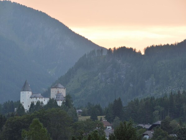 A castle with two towers surrounded by forested hills.